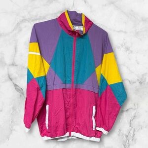 Vintage funny guy creations Colorful color block Windbreaker nylon jacket small